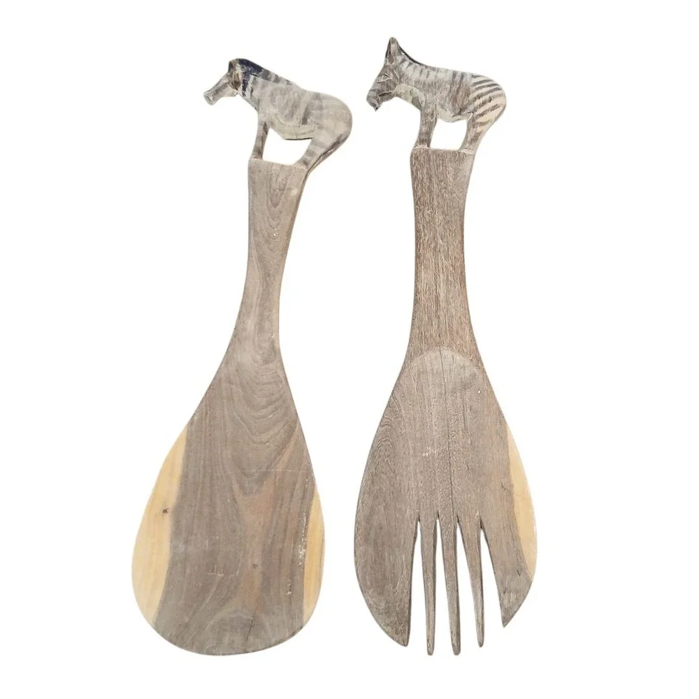 Vtg Hand Carved Wooden Salad Servers Serving Spoon Fork with Zebra Handle 11.5